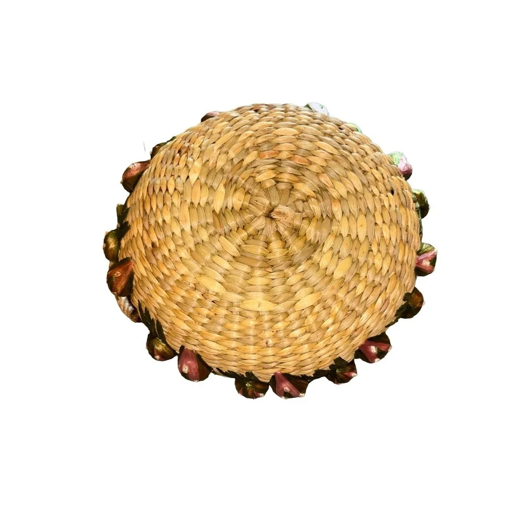 Vintage Woven Raffia Straw Round Casserole Basket With Fruit Accents Handles